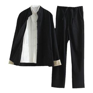 中国风春秋套装棉麻唐装男士三件套中式盘扣汉服复古居士服茶服