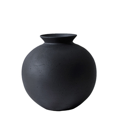 中式黑色粗陶陶罐花瓶摆件装饰品
