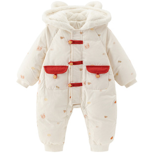 【清仓】婴儿冬季羽绒保暖连体衣服宝宝白鸭绒红色新年哈衣周岁礼