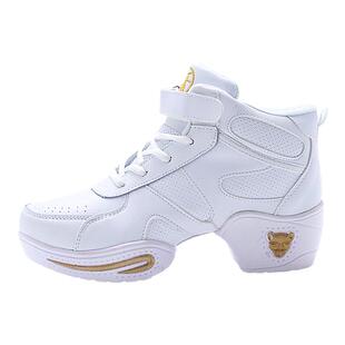 白色秋冬季加绒软底女爵士舞蹈鞋外穿时尚广场舞鞋跳舞鞋真皮中跟