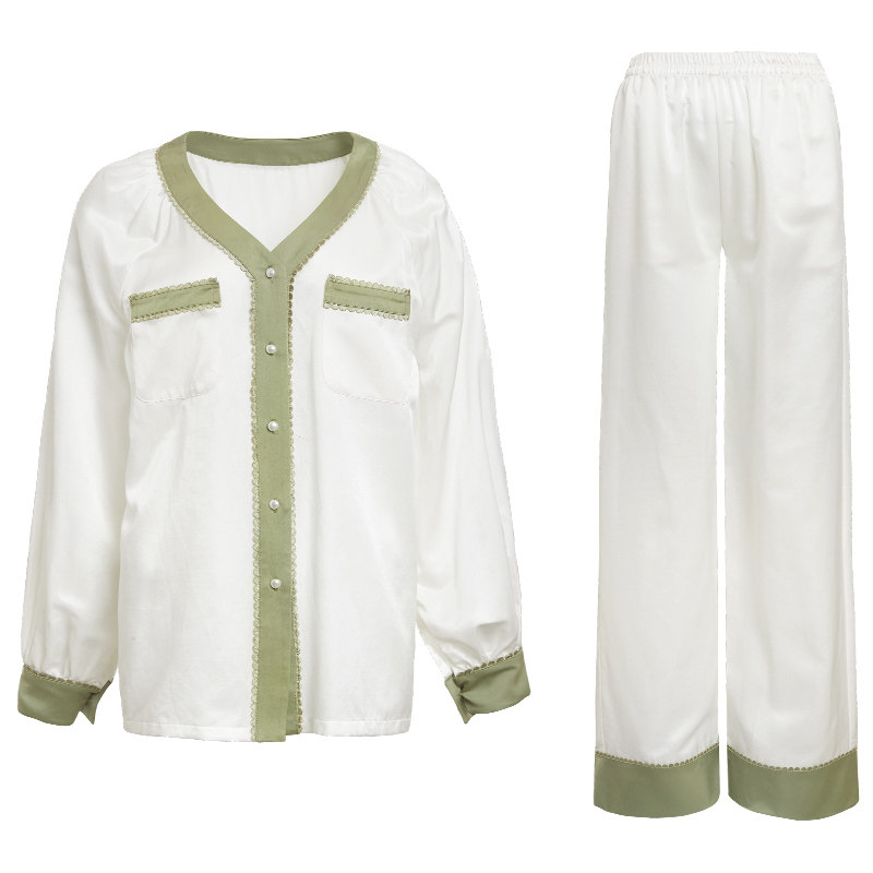 春秋纯棉V领睡衣家居服套装女