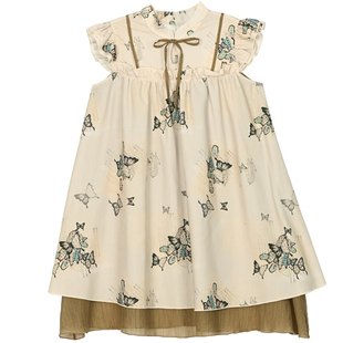 森女部落原创锦灰堆系列蝴蝶印花新中式飞飞袖连衣裙2026新款夏款