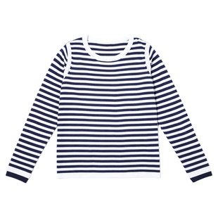 Basic House/百家好撞色条纹天丝圆领T恤女2026春季新款长袖上衣