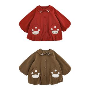 幼悠女童娃娃翻领风衣春秋童趣可爱蘑菇贴布口袋小熊玩偶连帽外套