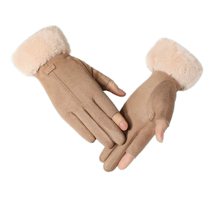 麂皮绒手套女秋冬季薄款骑行保暖加绒加厚露指触屏冬天骑车漏二指