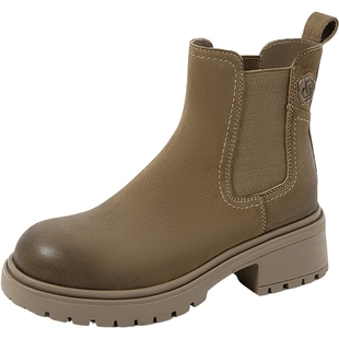 康莉切尔西靴女冬季厚底烟筒靴简约百搭时尚复古中跟短靴女靴靴子