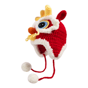 宝宝龙头帽婴儿醒狮帽子秋冬保暖儿童毛线帽护耳纯手工新年虎头帽