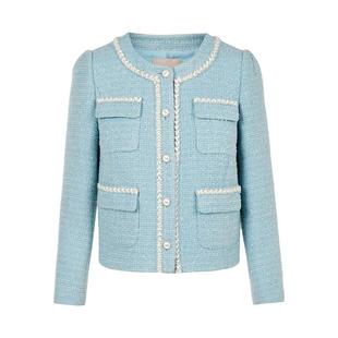 LIME莱茵小香风淡蓝色短款外套秋冬新款千金粗花呢手工织带上衣