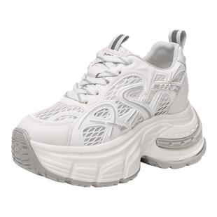 ZFCQ新款网面薄款内增高老爹鞋女真皮2026夏季小个子8cm白色厚底