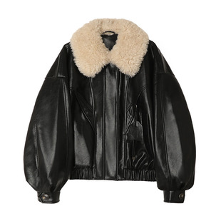 AFTER TEEN可拆卸毛领复古机能风短款磁吸扣PU皮外套 羽绒服皮衣
