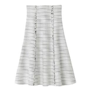 SNIDEL春夏款甜美淑女高腰粗花呢毛边流苏A字半身裙SWFS231214