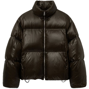 0101秋冬款TNGT棕色黑色立领双向拉链亮面短款鹅绒羽绒服2色