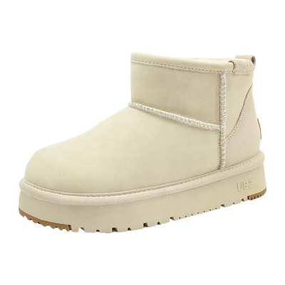 UBZ 防水厚底加绒白色雪地靴女2025年冬新款时尚拼接东北短筒棉鞋