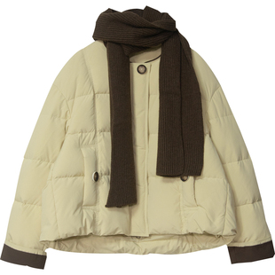 洋气圆领带围巾白鸭绒羽绒服女2025冬季新款宽松百搭韩版上衣A06