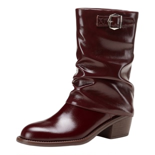 MILLIE'S/妙丽复古真皮圆头粗跟靴女冬新款中筒靴增高显瘦堆堆靴P