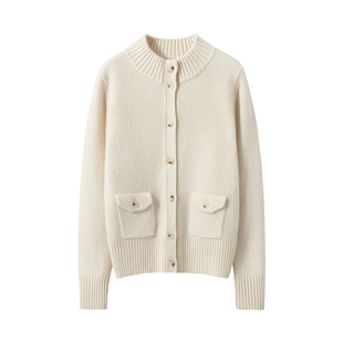 秋冬新款100%纯山羊绒开衫女半高领加厚保暖宽松带兜针织外套毛衣