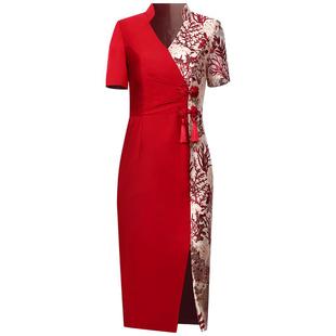 创意狐红色修身气质a字裙晚宴会主持人小礼裙日常可穿拼接连衣裙