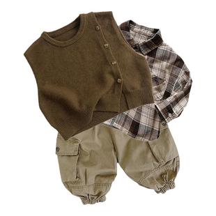 男童春季森系马甲2026新款儿童毛衣格子衬衫男宝宝痞帅童装套装潮