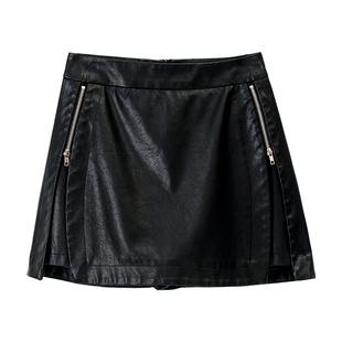假两件PU皮半身裙女秋冬新款时尚高腰显瘦a字裙小个子短款裤裙子A