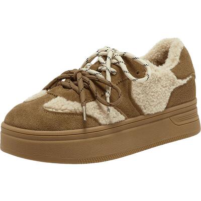 Bata休闲鞋女冬季新款百搭牛剖皮德训鞋加绒毛毛板鞋8091DDM5