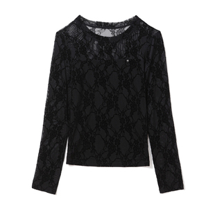 黑色圆领植绒网纱打底衫女内搭2026春季新款时髦百搭小衫蕾丝上衣