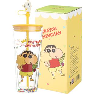 【摩登主妇&蜡笔小新】双层玻璃杯高颜值带盖杯子果汁杯吸管水杯