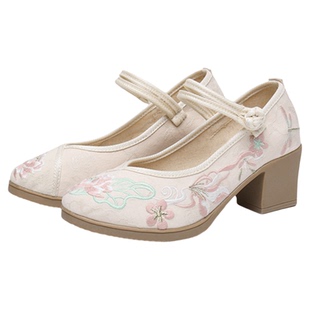 6厘米软底单鞋女高跟布鞋一字扣带牛筋底绣花民族风女鞋复古汉服