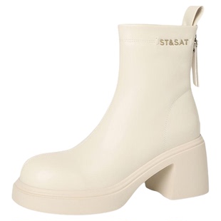 星期六厚底白色短靴女2025冬季新款英伦风后拉链瘦瘦靴加绒马丁靴