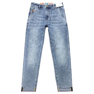 斜插裤兜夏季九分牛仔裤男高端印花浅蓝色弹力修身小脚长裤薄款