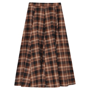 pusumede 活力格纹 复古格子百褶半身裙女设计感高腰中长款大摆裙