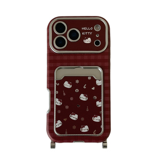 独壳 皮质红色格纹猫咪卡包挂绳适用苹果17promax手机壳网红日韩卡通iPhone16新款15防摔14pro女款手机套硬壳