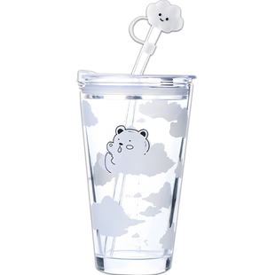 JUMPINJOK 可爱云朵熊吸管杯简约森系玻璃杯带盖可爱少女学生杯子