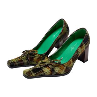 UBORYA设计师品牌/西游妖魔/英伦风绿格纹小众马毛异型方头鞋