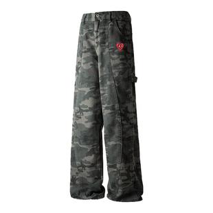 查尔斯桃心 迷彩牛仔裤男春秋季新款解构拼接微喇弯刀直筒长裤子