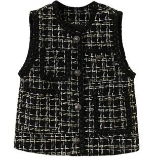 小小宸 GAO端毛呢小香款 格纹粗花呢短款宽松编织马甲背心马夹女