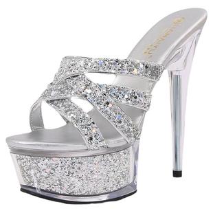 恨天高车展T台模特走秀鞋女防水台 15cm超高跟细跟凉拖鞋女夏夜场