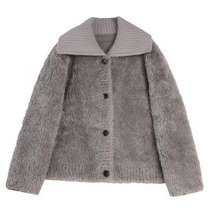 【100%绵羊毛】ELLE针织翻领短款毛绒外套女2025冬新款仿皮草上衣