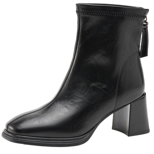 奥康 女鞋2025冬季时装靴酷飒方头粗跟增高职场通勤利落短靴