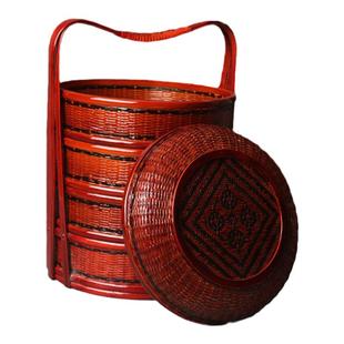 手工竹编篮子拜拜手提篮圆形结婚食盒双层复古提篮红色婚庆篮