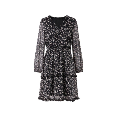 秋水伊人雪纺碎花长袖连衣裙 2025秋装新款优雅复古V领收腰A字裙