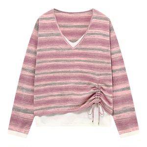 百家好条纹假两件V领针织衫女