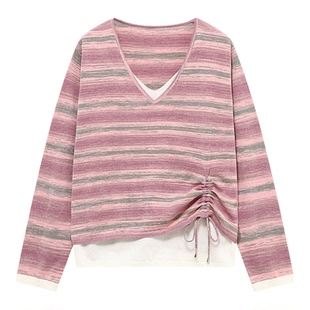 Basic House/百家好条纹假两件针织衫女v领抽绳温柔风长袖上衣春