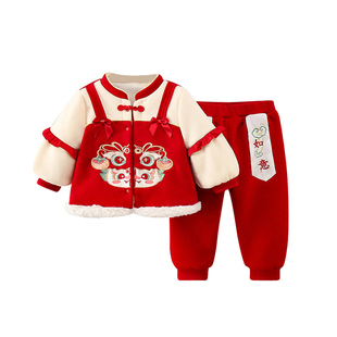 波步婴儿套装新年拜冬年服女童中国风冬装宝宝秋冬加绒加厚两件套