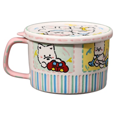 景德镇陶瓷带盖泡面碗大容量可微波带手柄手绘可爱釉下彩学生宿舍