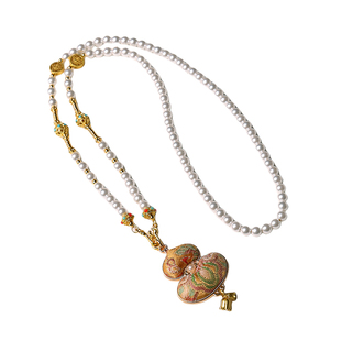 金葫宋锦珍珠新中式配饰项链蜜黄宋锦葫芦长款珍珠项链女汉服项链