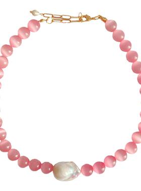 轻奢天然巴洛克珍珠粉猫眼石项链