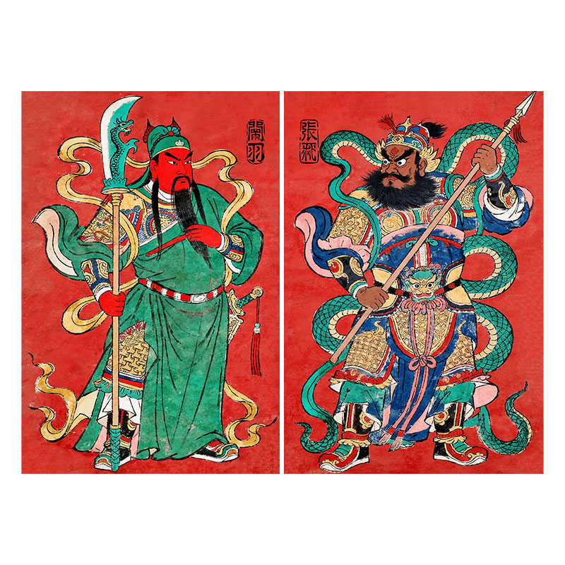国潮关羽张飞门神门贴画秦琼尉迟恭入户门招财年画赵公明镇宅海报