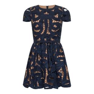 秋季新款高定女装深蓝色激光镂空刺绣蝴蝶结短袖圆领短款连衣裙子