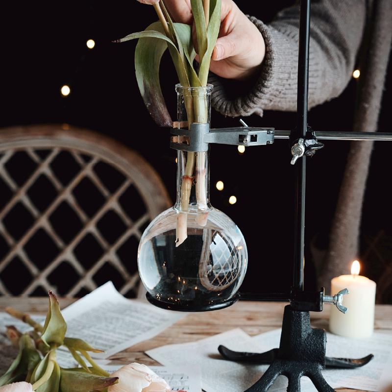 工业风铸铁金属实验室花架烧瓶型花器玻璃花瓶摆件装饰手冲咖啡架