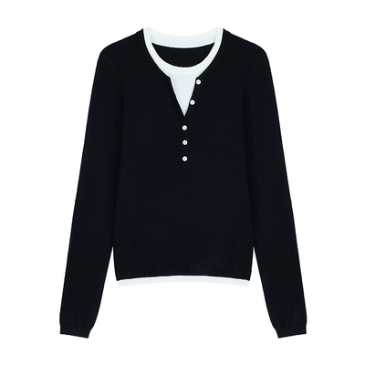 pusumede 简色画轴 设计感假两件针织衫女内搭外穿撞色长袖上衣